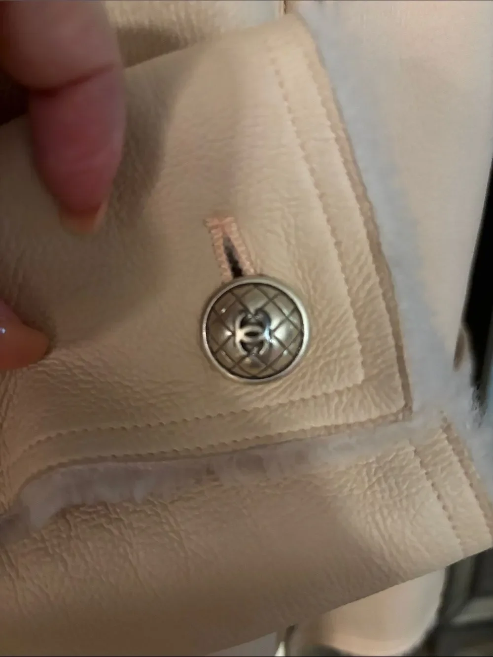 CHANEL Cream Shearling Zip Leather Jacket, US4
